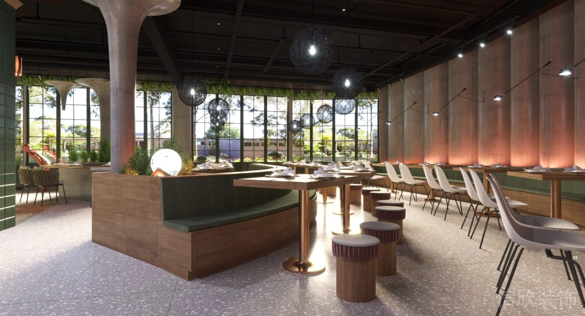 深圳鹽田區沙頭角快餐店中島弧形餐桌裝修設計