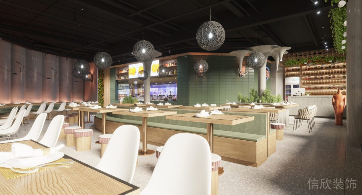 深圳鹽田區沙頭角快餐店中間長條沙發卡座裝修設計