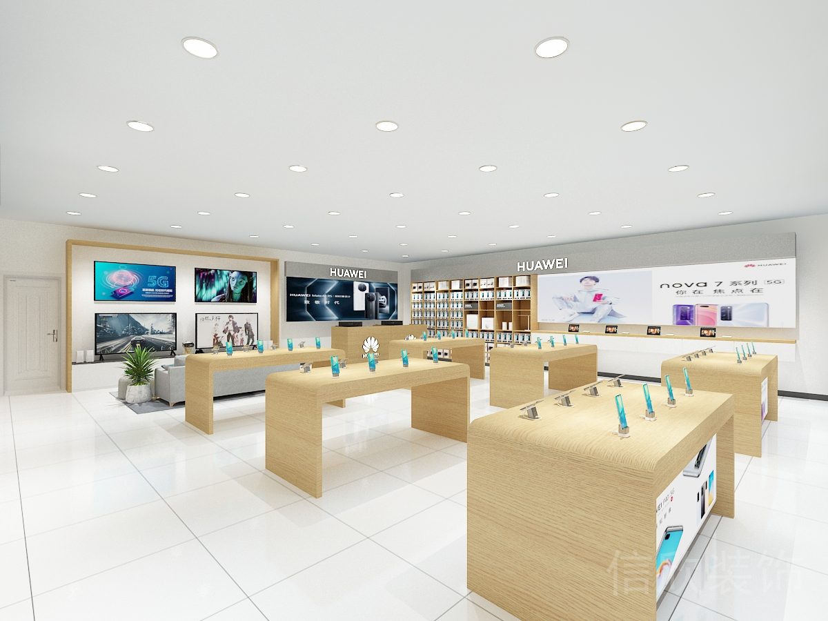 深圳南山假日廣場手機數(shù)碼店圓角木質展臺裝修