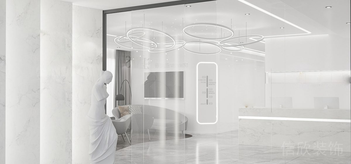 玻璃隔斷空間圓環LED燈吊頂沙發休息區