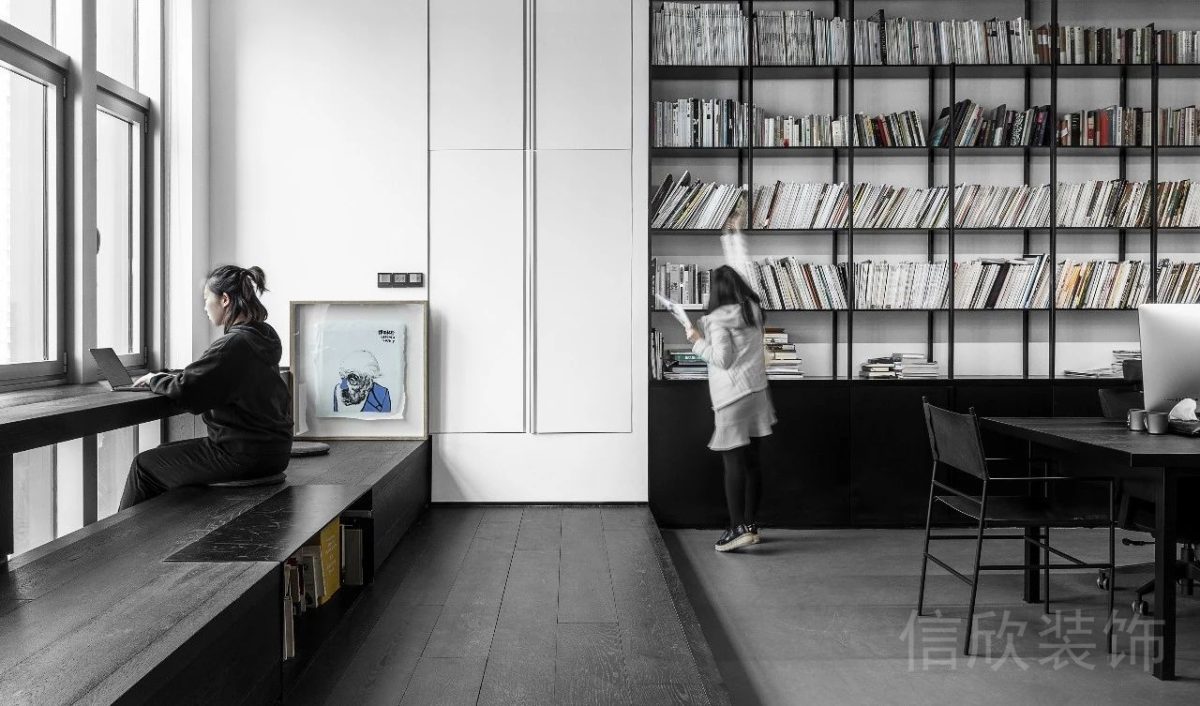 暗黑現(xiàn)代風辦公空間辦公區(qū)書柜裝修設計