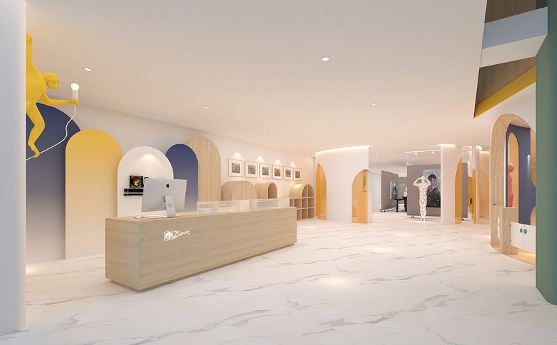 畢加索國(guó)際美術(shù)教育中心長(zhǎng)條木紋前臺(tái)接待臺(tái)裝修