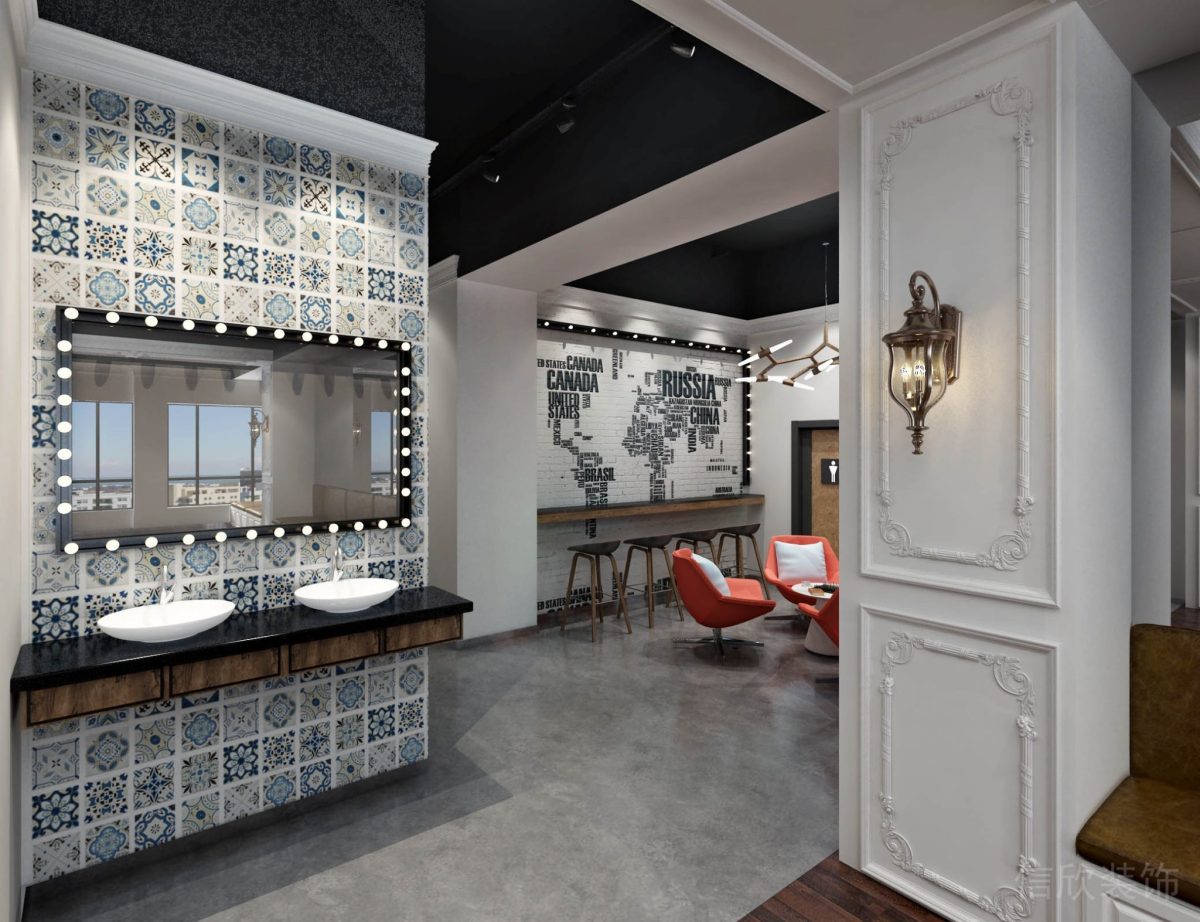 東莞培訓(xùn)機(jī)構(gòu)風(fēng)火創(chuàng)意園舞蹈培訓(xùn)洗手臺(tái)大理石壁燈石膏線藝術(shù)民族風(fēng)瓷磚拼貼過(guò)道