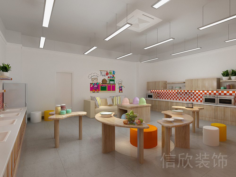 橙紅楓木簡(jiǎn)約風(fēng)兒童卡通烘焙DIY培訓(xùn)機(jī)構(gòu)教室廚房區(qū)裝修設(shè)計(jì)