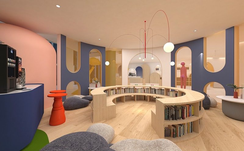 深圳龍華畢加索國(guó)際美術(shù)教育中心環(huán)形木質(zhì)矮書(shū)柜效果圖