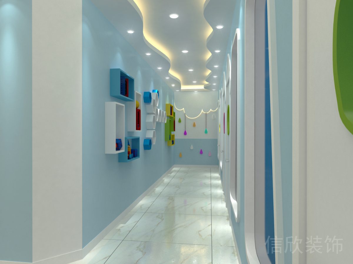 深圳市羅湖區(qū)東門海豚街國際少兒鋼琴培訓中心藍色過道曲線天花吊頂