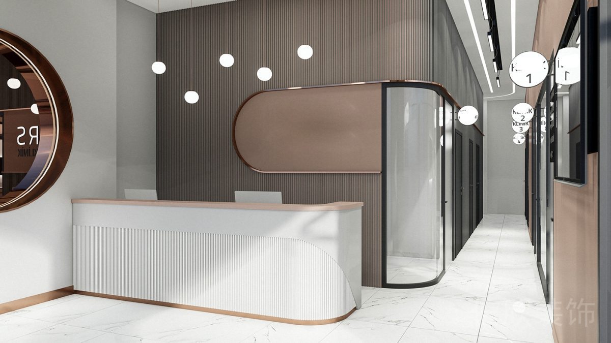 條紋金屬板墻面玫瑰金背景板玻璃微交互大廳設計