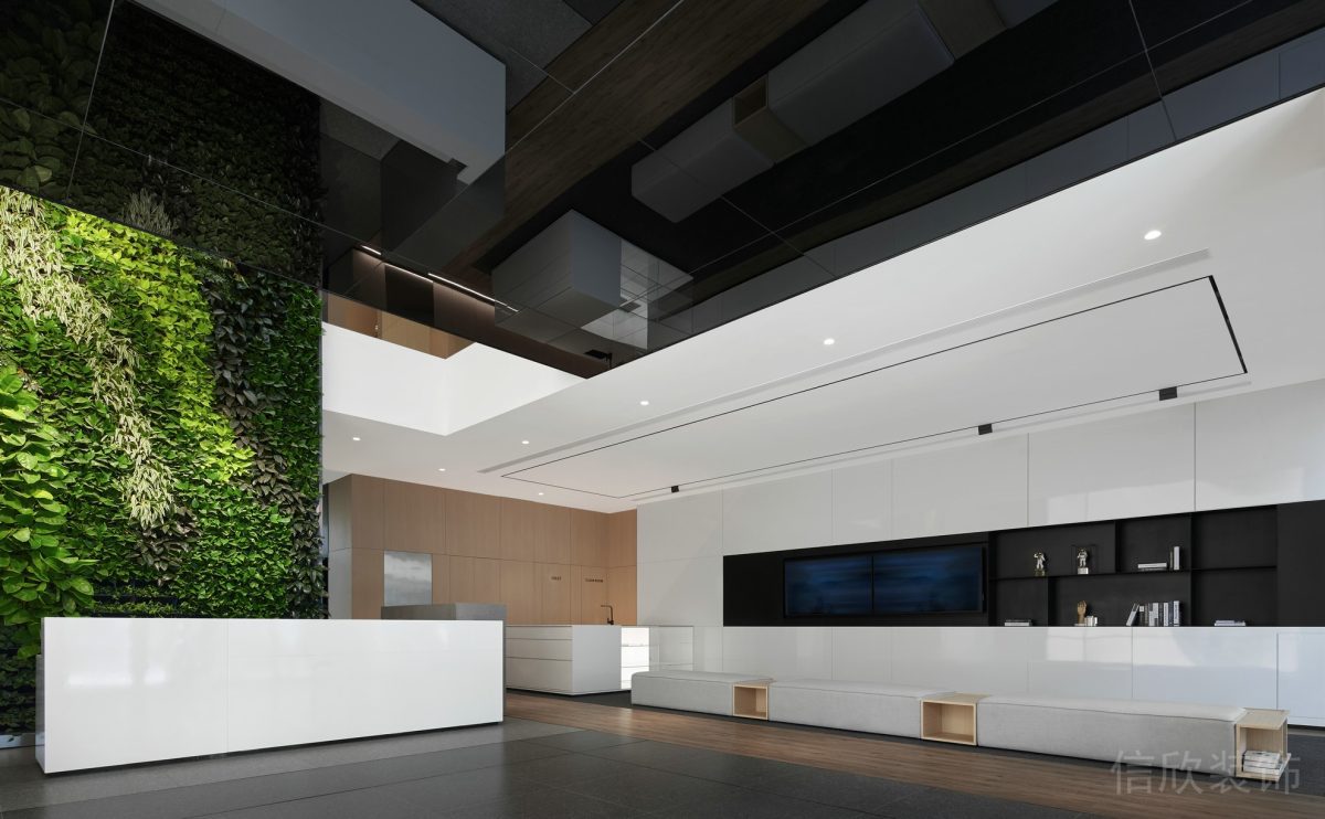 白色簡(jiǎn)約風(fēng)大廳休息等待區(qū)域辦公室裝修設(shè)計(jì)滿墻綠色植物