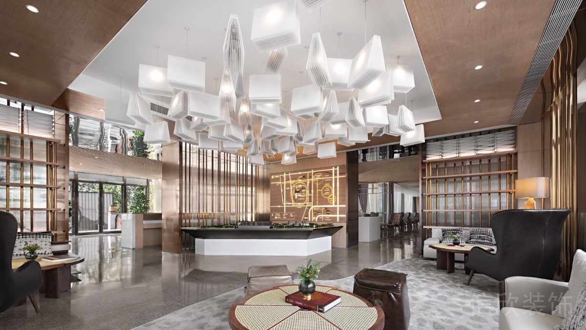 幾何創(chuàng)意天花吊頂辦公室客戶接待區(qū)域效果圖