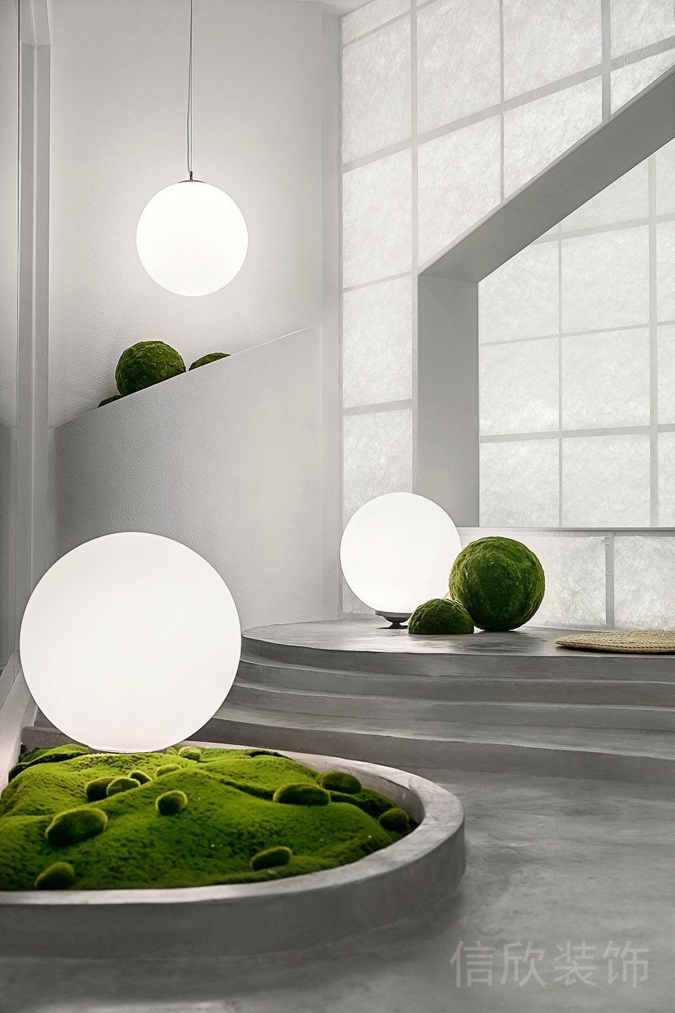 球形綠植搭配球形燈休息區瑜伽機構裝修