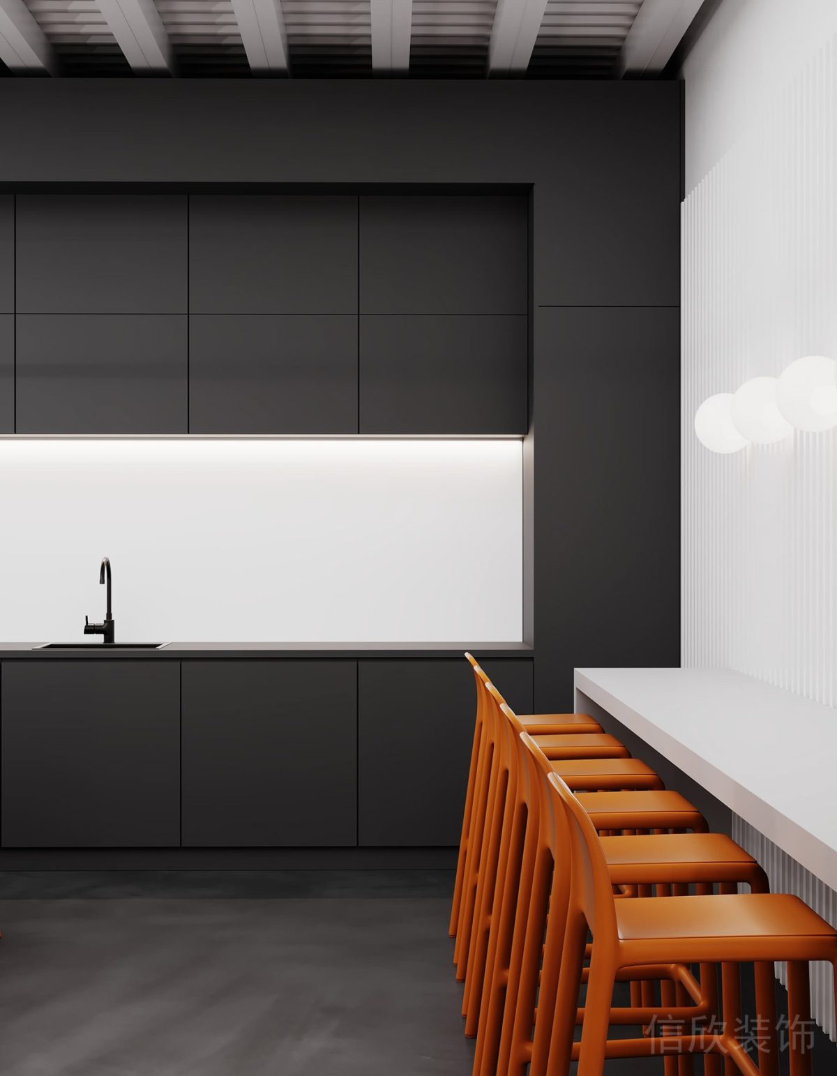 橙色高腳椅排列式設(shè)計(jì)灰色置物柜吧臺(tái)裝修