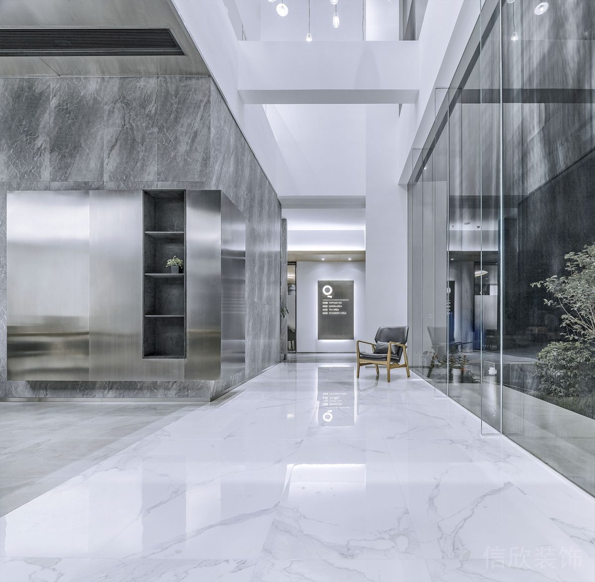 大理石白色過道玻璃隔斷效果圖金屬收納墻柜辦公室設(shè)計