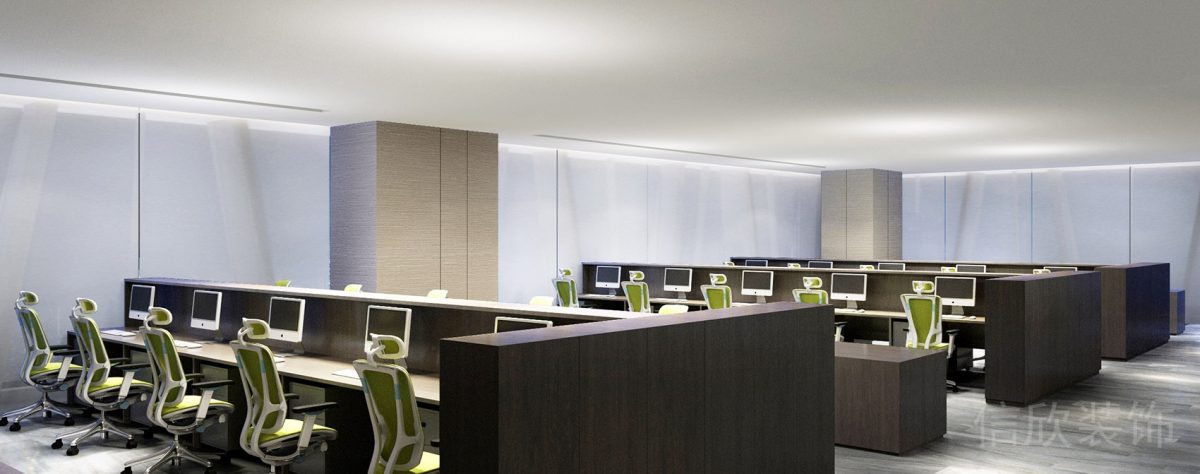 多人工位員工研發(fā)區(qū)域裝修設(shè)計深色木飾面工作桌效果