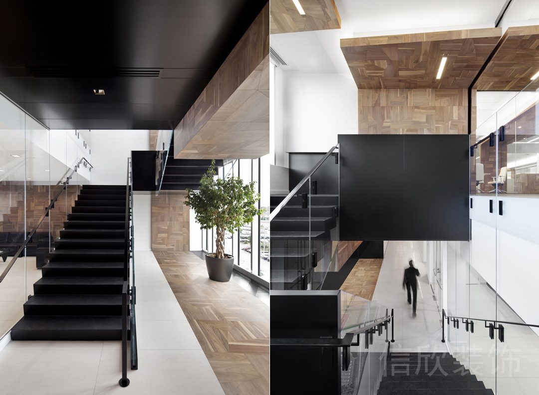 黑白色調(diào)現(xiàn)代過道裝修木制天花效果辦公室設(shè)計(jì)圖