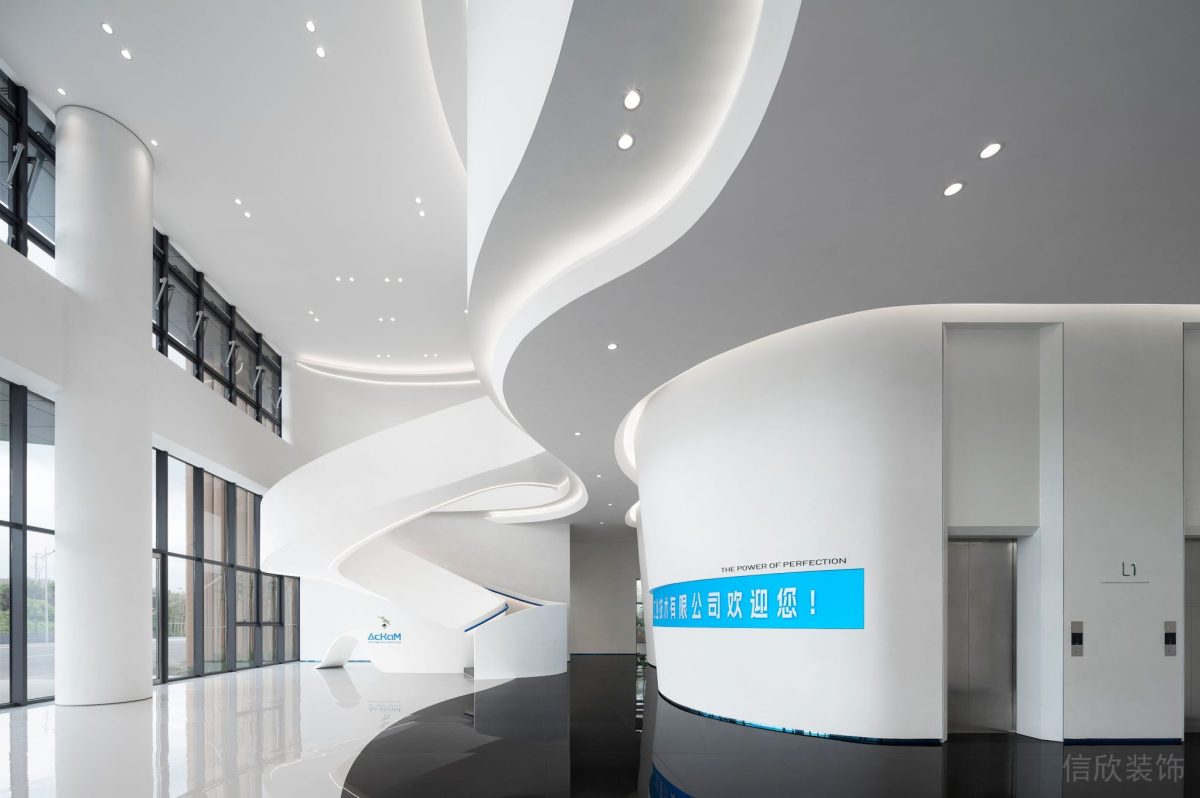 科技未來感辦公室大廳裝修弧形墻體電梯等待區(qū)域瓷磚設(shè)計