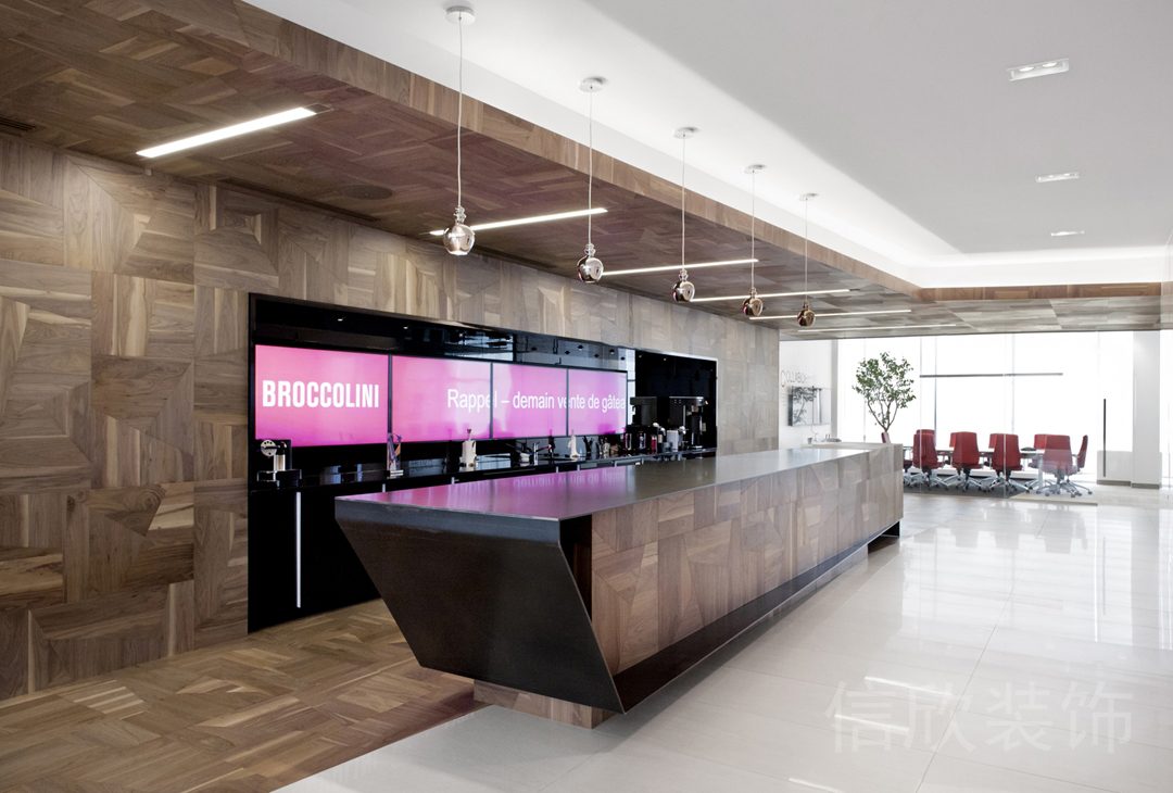 前臺(tái)區(qū)原木風(fēng)設(shè)計(jì)顯示屏背景板效果弧線接待臺(tái)瓷磚地板