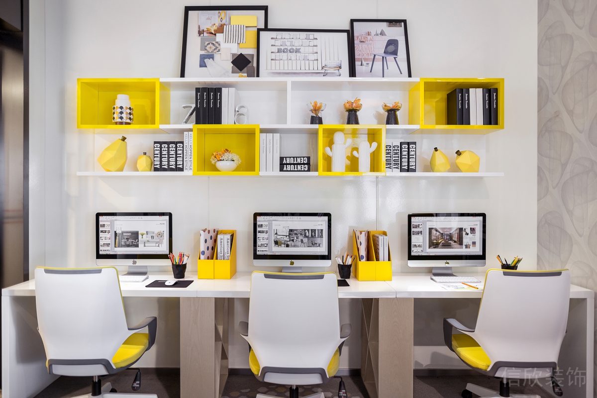 現(xiàn)代簡(jiǎn)約風(fēng)黃色收納柜工作桌墻柜定制效果圖辦公室