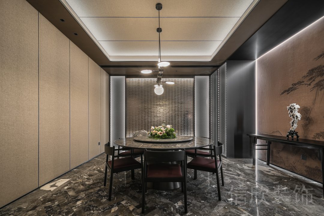 員工休息區域裝修設計圓桌裝修木質燈飾效果壁畫