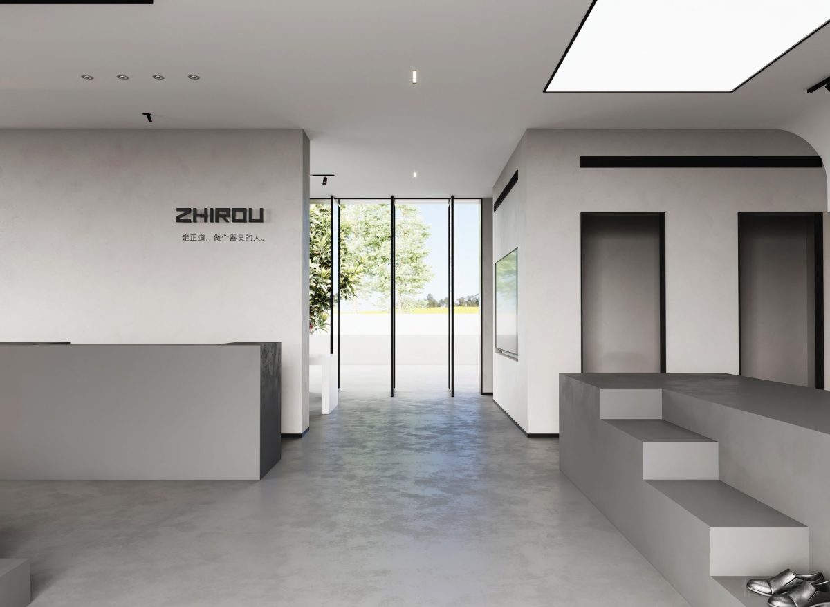 辦公室灰色調裝修大廳休息區(qū)內嵌式前臺區(qū)域黑白色調效果圖