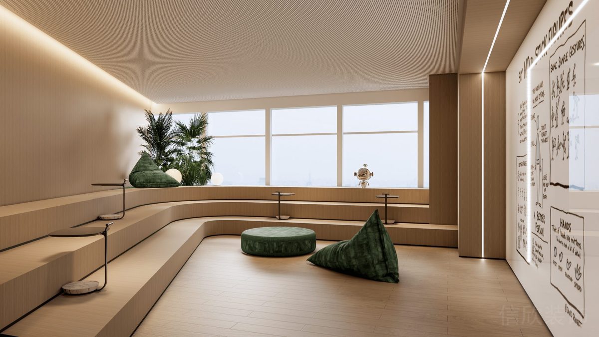 辦公室墻體設計玻璃隔斷窗戶效果木質(zhì)風設計弧線效果榻榻米休息區(qū)