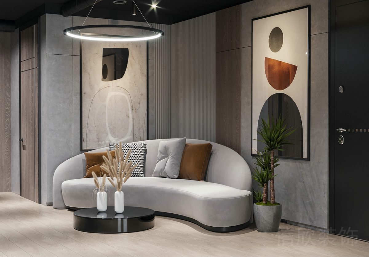 辦公室裝修大廳效果環(huán)形灰色調(diào)北歐風(fēng)沙發(fā)效果藝術(shù)壁畫矮桌茶幾黑色設(shè)計