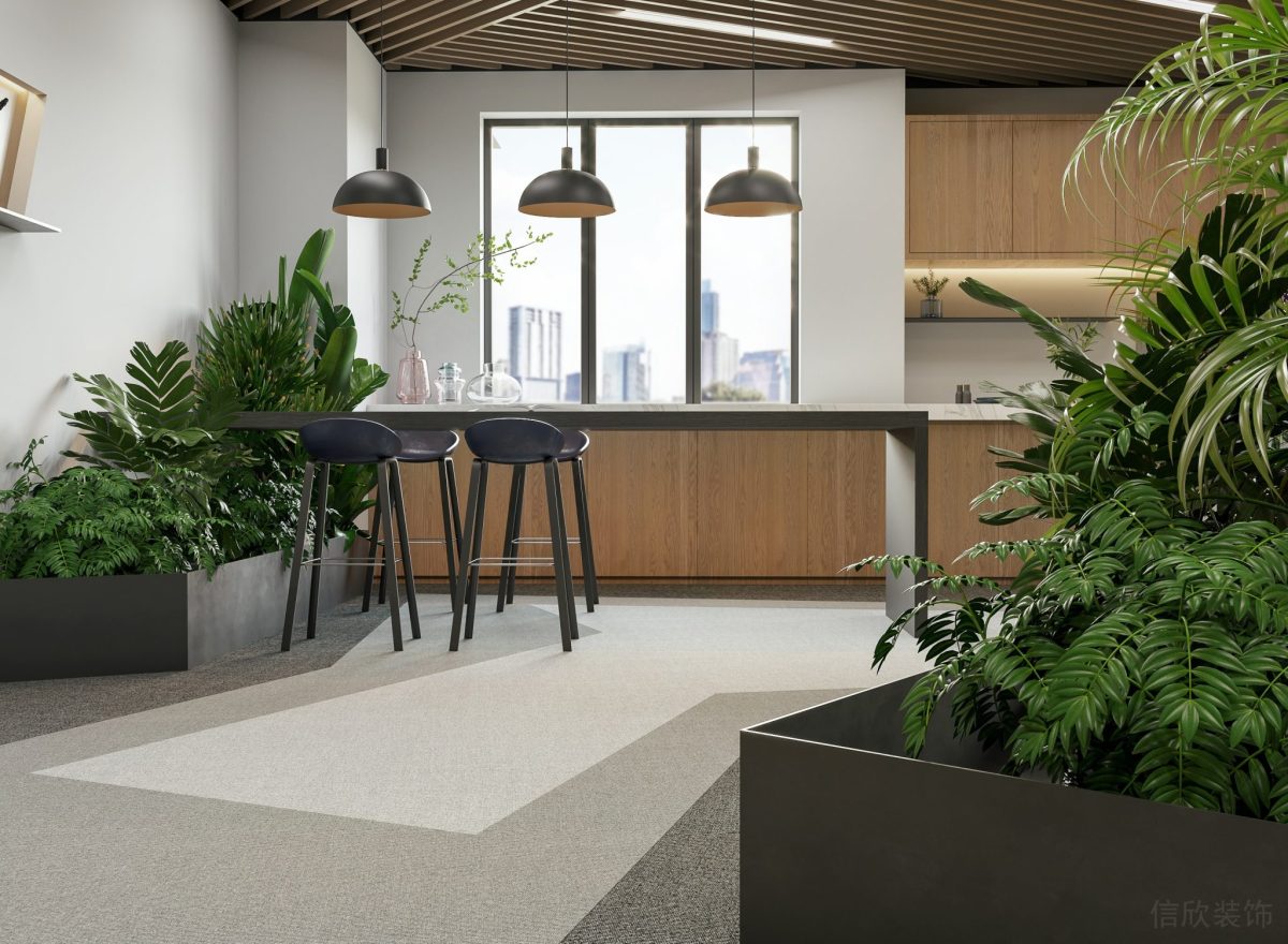 辦公室裝修設(shè)計(jì)復(fù)古綠化設(shè)計(jì)茶水間裝修水磨石地板過道微景觀設(shè)計(jì)圖