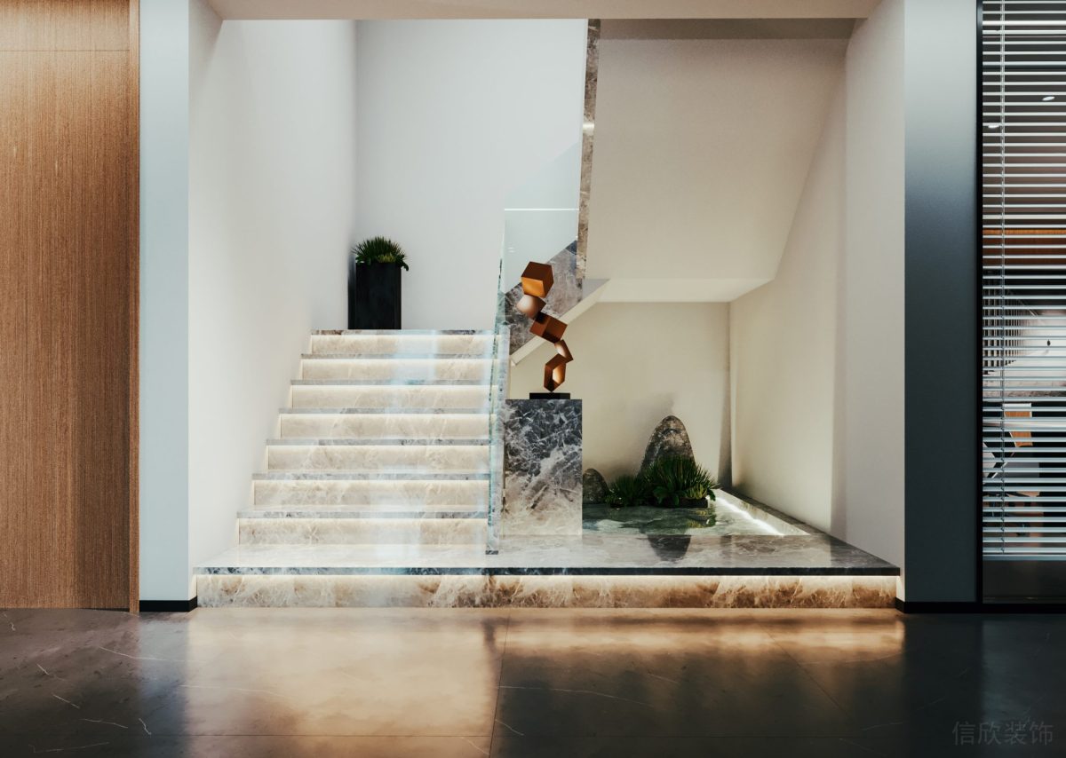 玻璃半墻設(shè)計大理石輕奢風辦公室過道效果樓梯下空間微景觀設(shè)計圖