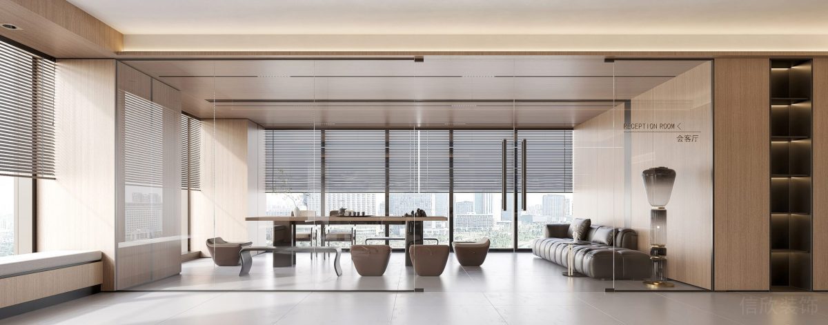 玻璃隔斷過(guò)道效果內(nèi)嵌式儲(chǔ)物柜木質(zhì)辦公室設(shè)計(jì)圖