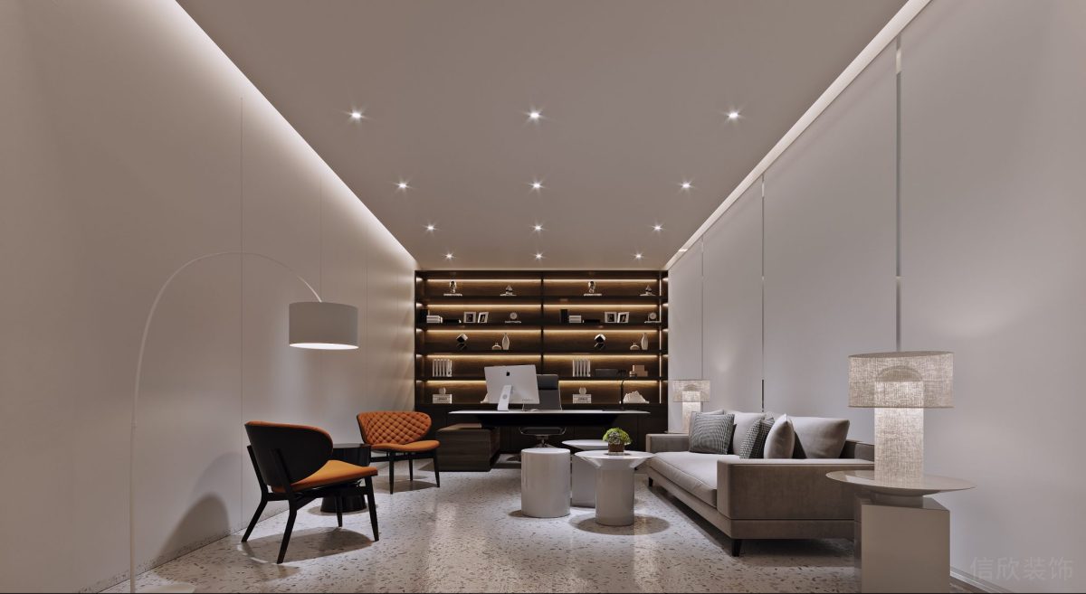 橙色皮革座椅裝修內(nèi)嵌式原木置物柜設(shè)計辦公室效果圖