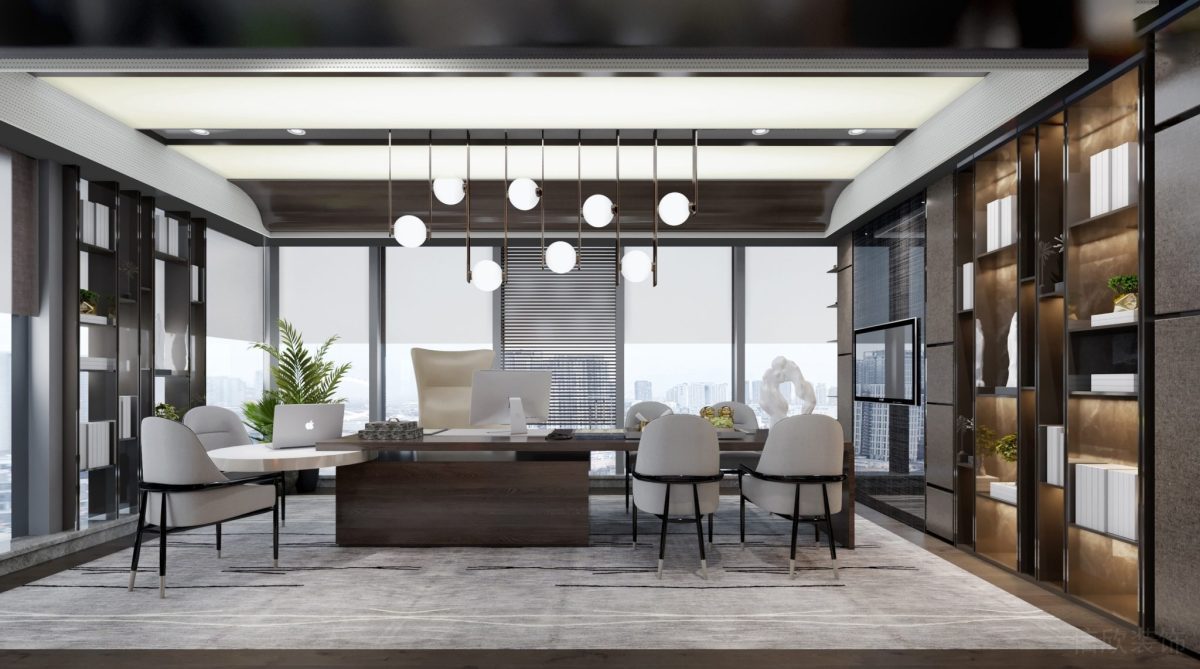 獨立辦公間裝修天花燈飾效果輕奢風墻柜設(shè)計裝修木飾面