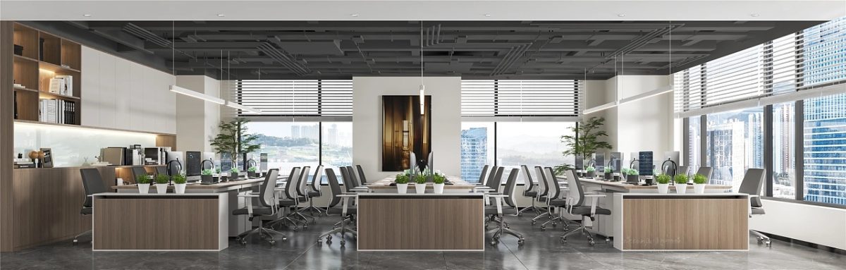 多人工位裝修設(shè)計木飾面工業(yè)風天花裸露管道裝修效果圖辦公室