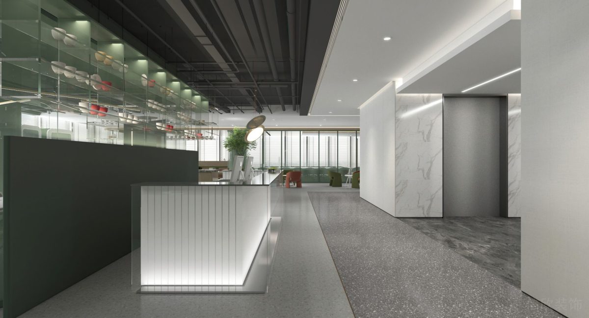 燈飾設(shè)計(jì)長(zhǎng)桌效果辦公室前臺(tái)區(qū)玻璃隔斷綠色設(shè)計(jì)水磨石地板效果