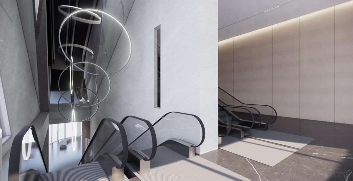 電梯扶手自動(dòng)梯裝修辦公室天花燈飾設(shè)計(jì)圓形燈飾效果