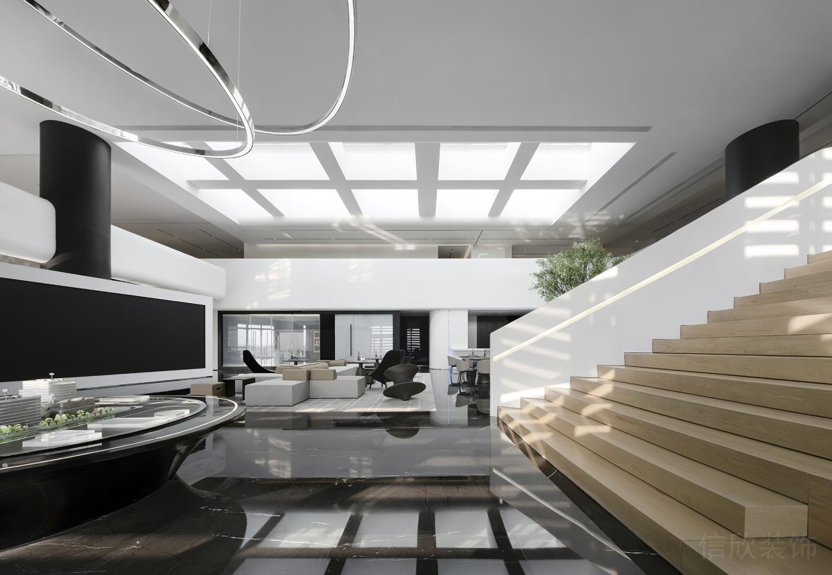 大廳過道辦公室裝修設計現代簡約風木飾面過道裝修燈飾天花格子設計