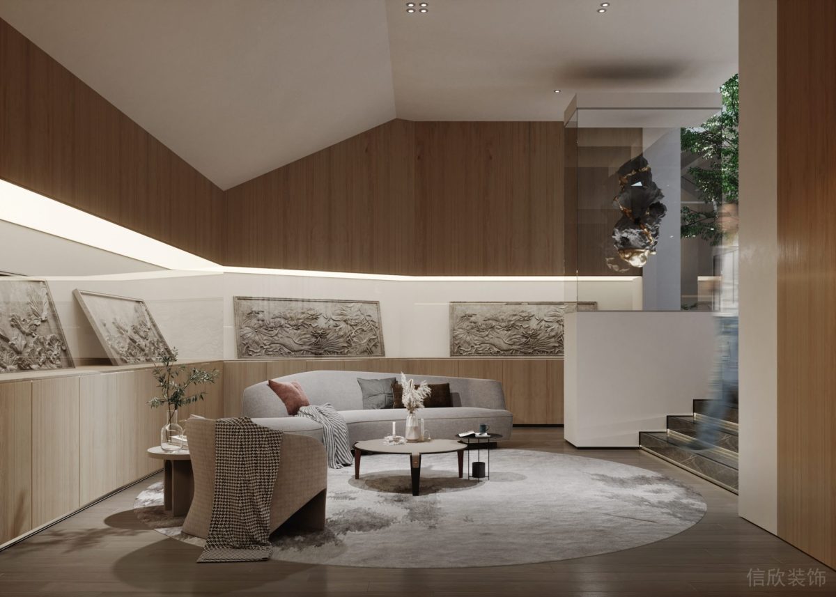 大廳日式木飾面藝術(shù)展畫半墻設(shè)計儲物效果辦公室弧線裝修圖