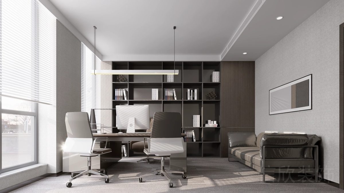 格子儲物柜木飾面設計總經理辦公室灰色皮革沙發裝修