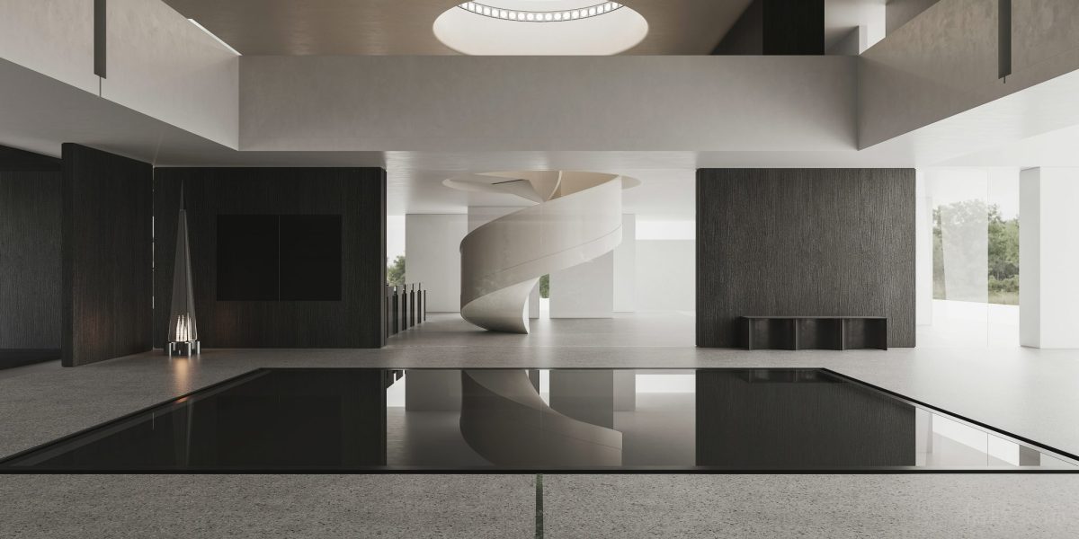 黑白色調(diào)辦公室設(shè)計(jì)鏡面玻璃隔斷內(nèi)嵌式顯示屏效果半墻裝飾