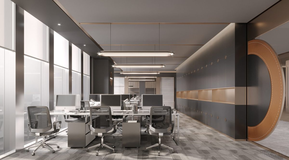 黑白色調(diào)商務風格辦公室設計金屬天花弧線皮革軟包車縫線設計效果圖