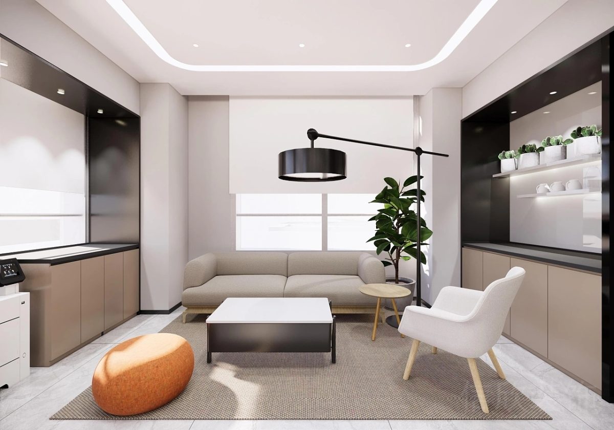 黑白色調(diào)裝修環(huán)形設(shè)計(jì)半墻茶水間休息區(qū)裝修圖