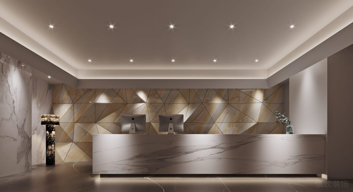 回型頂天花板裝修大理石桌板前臺設(shè)計辦公室裝修設(shè)計圖