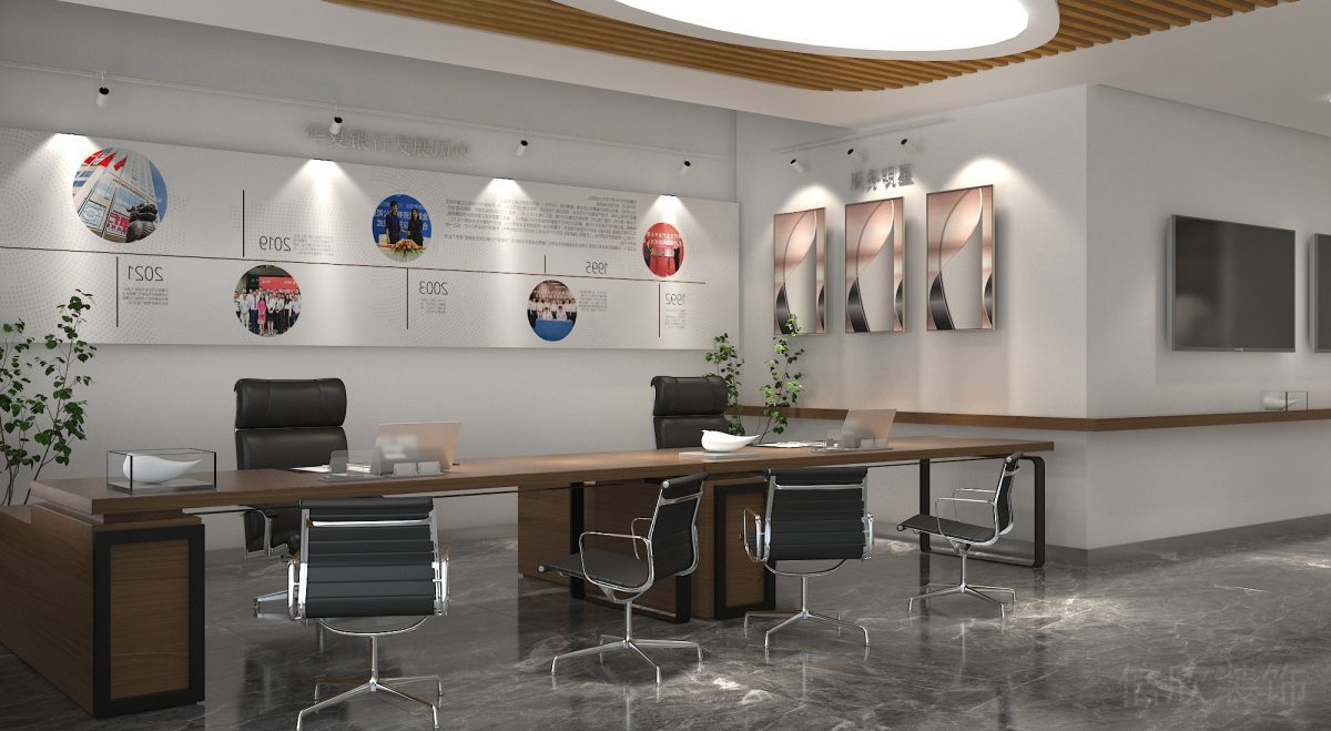 環(huán)形廣告墻體設計效果裝修大理石瓷磚效果黑色皮革沙發(fā)效果圖辦公室