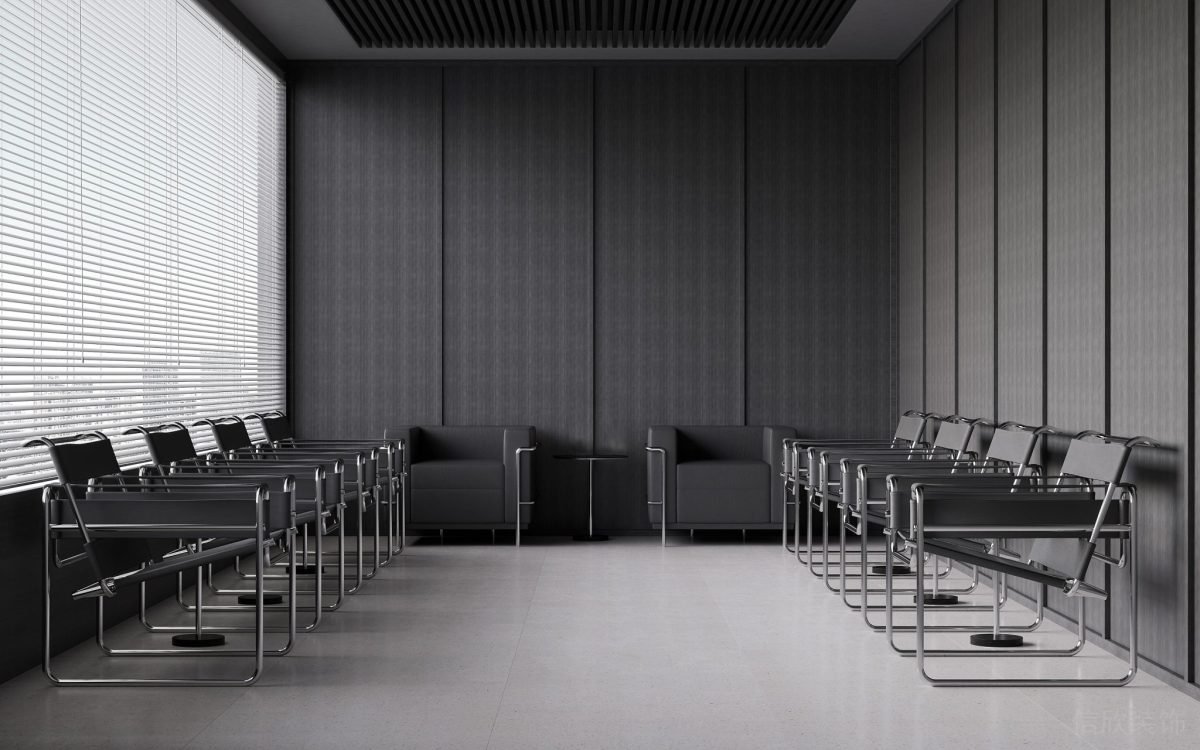 環(huán)形金屬簡約幾何設計線條黑色皮革座椅效果墻體設計辦公室