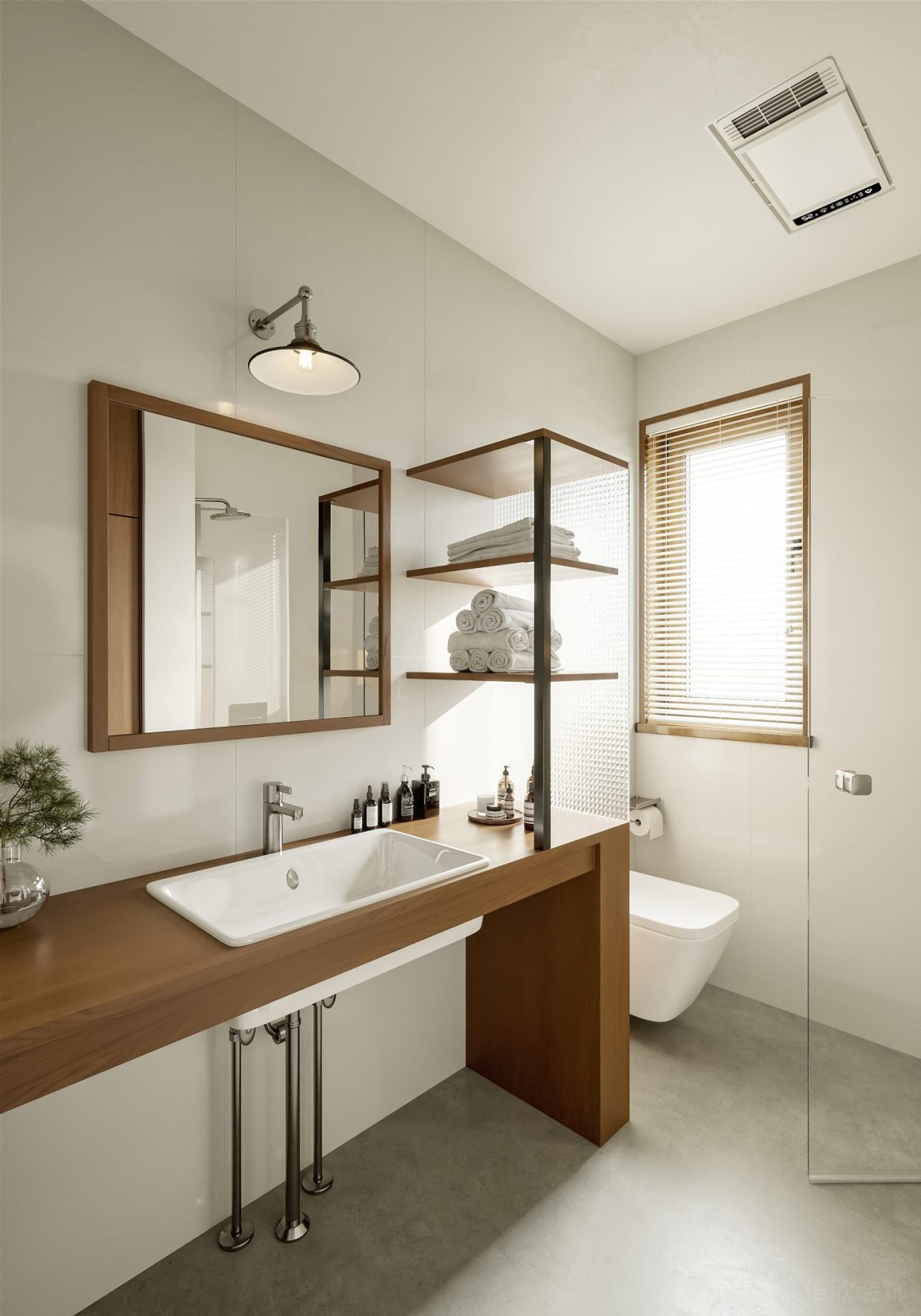 環(huán)形木質(zhì)洗手臺效果鏡面折疊玻璃隔斷浴室設(shè)計(jì)