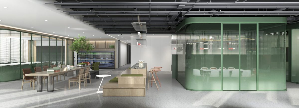 弧線設(shè)計(jì)綠色隔斷效果玻璃隔斷木制階梯效果工業(yè)風(fēng)天花設(shè)計(jì)圖