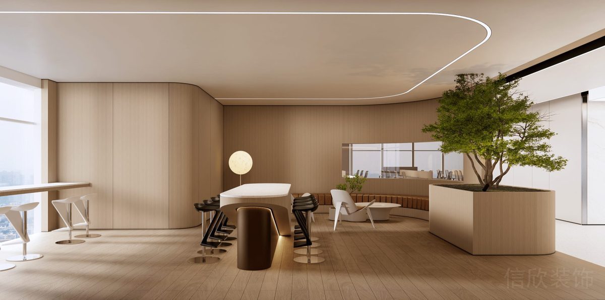 會議室裝修木飾面設計弧線墻體裝修綠化效果皮革軟包座椅休息區(qū)