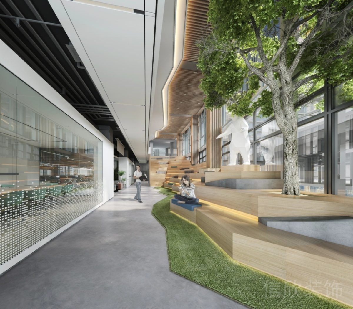 幾何過道木飾階梯休息區(qū)地毯仿草坪效果辦公室玻璃隔斷走廊