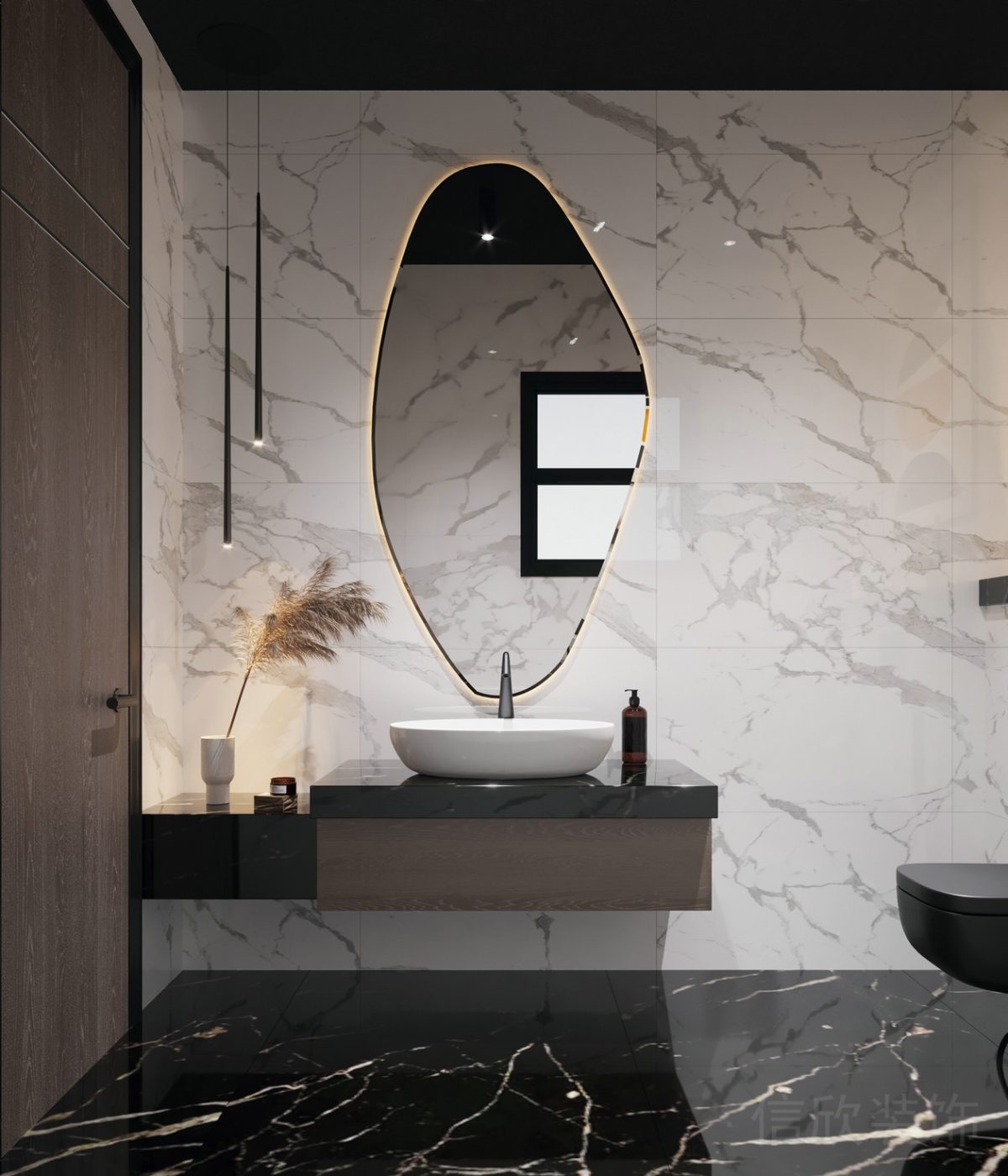 鏡面環(huán)形不規(guī)則燈飾效果大理石白色設計意大利瓷磚洗手臺辦公室效果