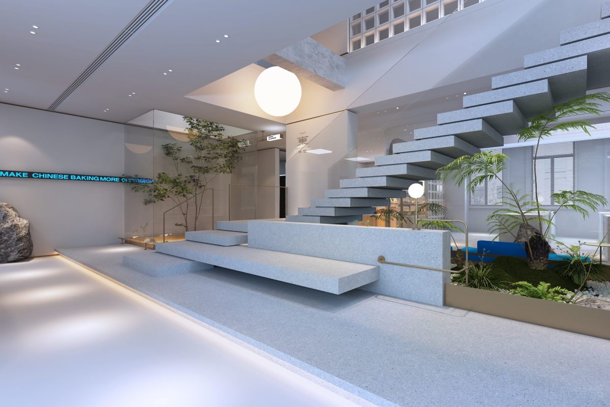 階梯樓梯灰色設(shè)計(jì)座椅一體式設(shè)計(jì)玻璃半墻隔斷辦公室裝修地臺效果