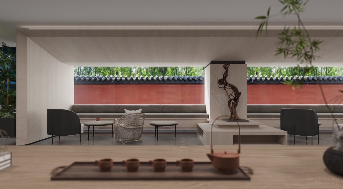 開放式環(huán)形鏤空設(shè)計(jì)木飾面效果茶水間裝飾洽談室新中式裝修圖辦公室