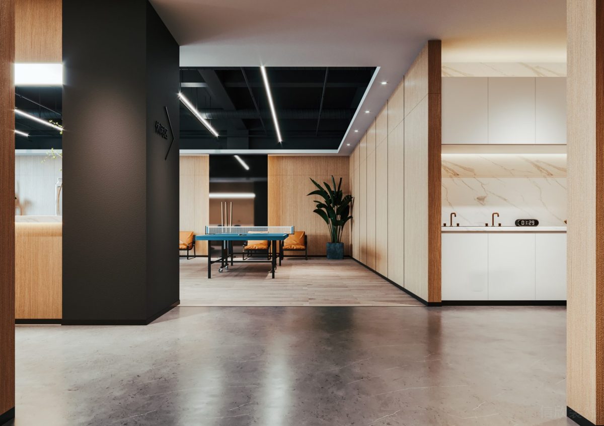 開放式員工休息區(qū)黑色墻體裝修半墻瓷磚設(shè)計工業(yè)風辦公室設(shè)計